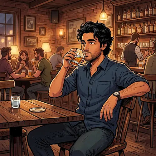 Morad Enjoying Whiskey in a Cozy Setting