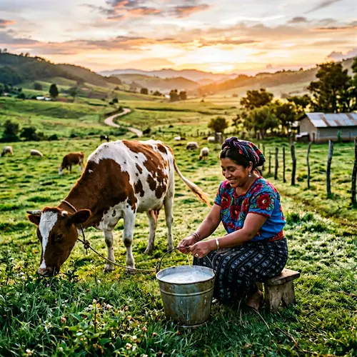 Mujer Mamando Lechita de una Vaca en Paz Rural