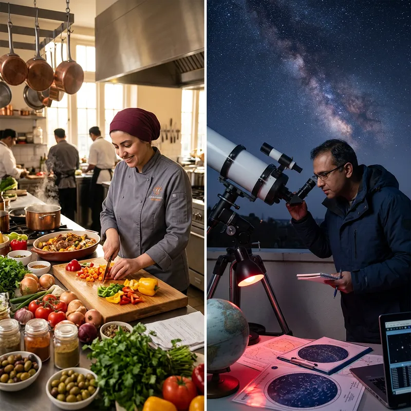 Character Illustrations: Middle-Eastern Female Chef & South Asian Male Astronomer Scenes