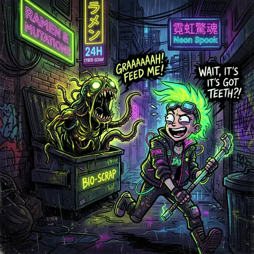 Dark Cartoon Art with Neon Glow & Grunge Texture