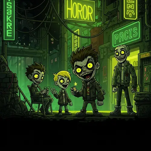 Dark Cartoon Art with Neon Glow & Grunge Texture