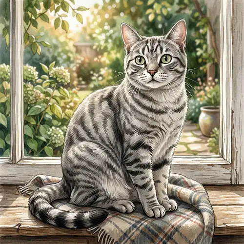 Detailed Illustration of Adult Domestic Cat | Gray Fur, Stripes, Green Eyes