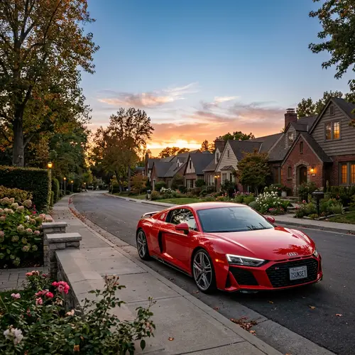 Modern Red Car Parked on Quiet Street at Sunset