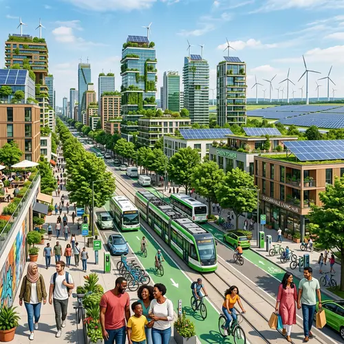 Eco-Friendly Cityscape with Green Roofs & Renewable Energy