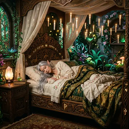 Enchanting Elf in Vintage Nightclothes on Unique Bed Frame