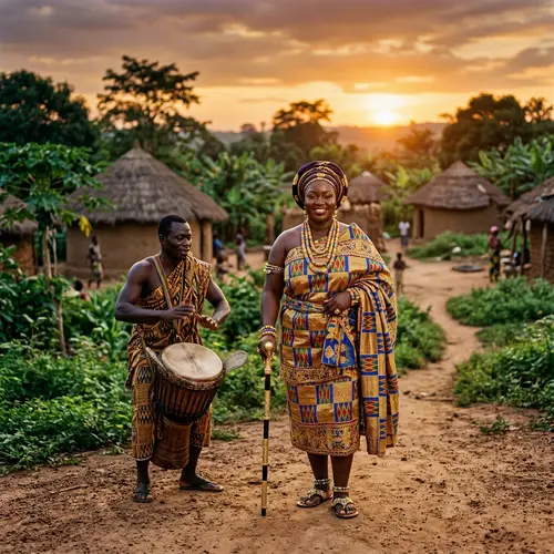 African Princess and Drummer in Traditional Village Setting