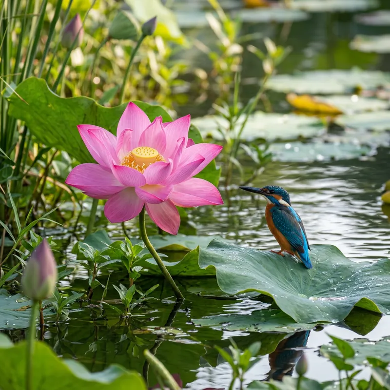 Stunning Pink Lotus Flower with Bird