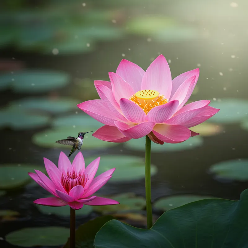 Stunning Pink Lotus Flower with Bird