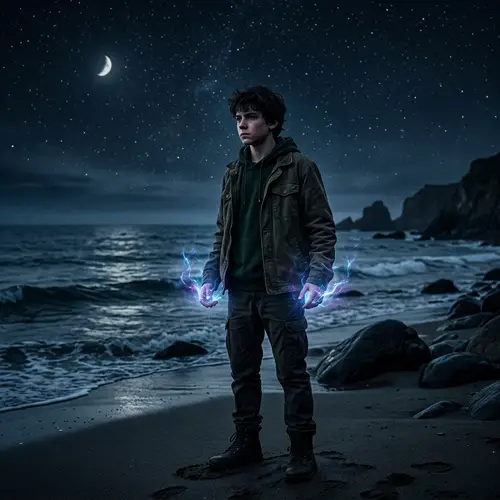 Mystical Boy with Dark Hair and Powers Stands at Ocean Shore