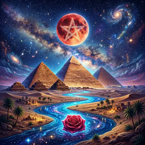 Vibrant Cosmic Art: Pyramids and a Blood Moon