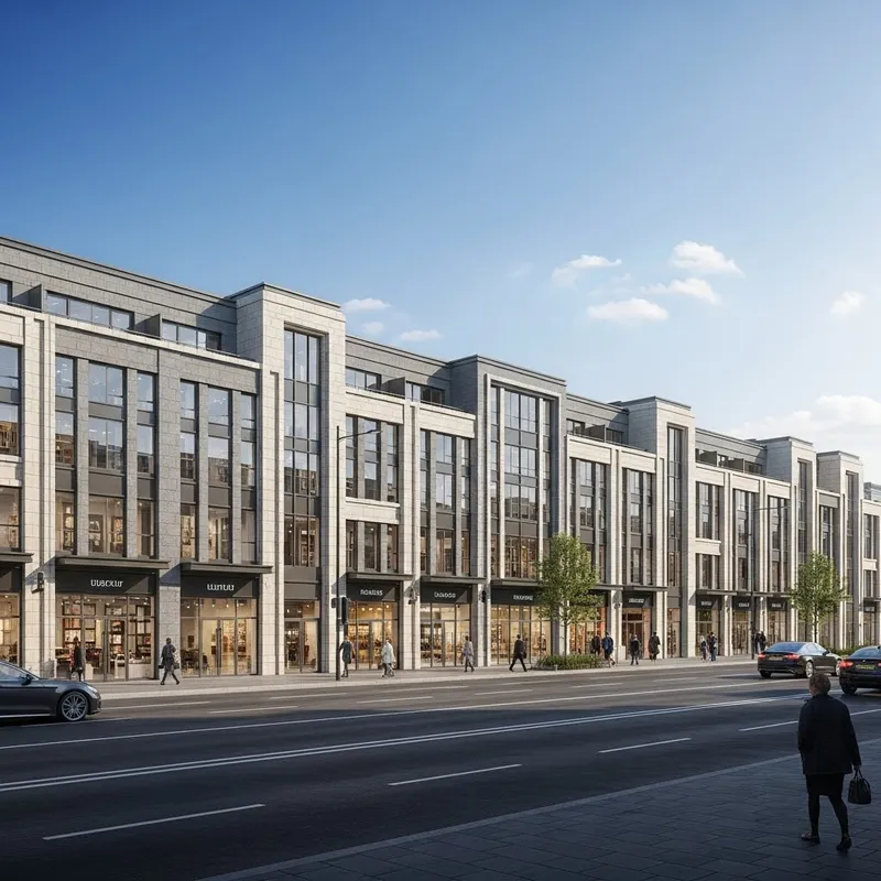 Modern Uniform Facades for Urban Boulevard Shops Modern Uniform Facades for Urban Boulevard Shops