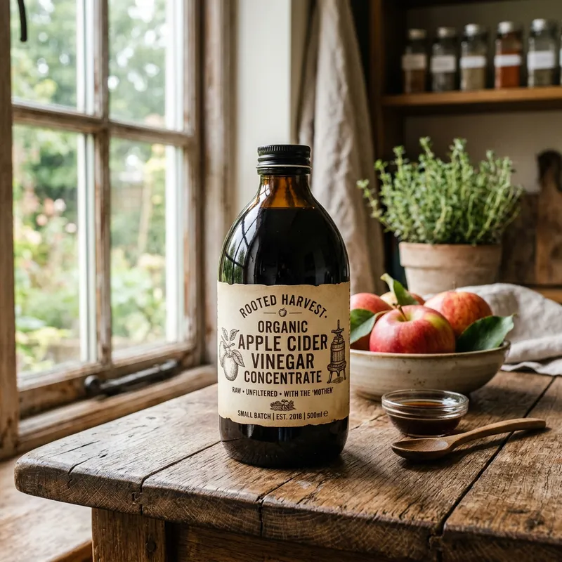 Dark Apple Cider Vinegar Concentrate on Rustic Table Dark Apple Cider Vinegar Concentrate on Rustic Table