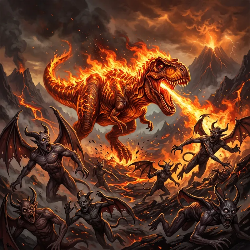 Fiery Dinosaur Battles Demons: Epic Fantasy Scene Fiery Dinosaur Battles Demons: Epic Fantasy Scene