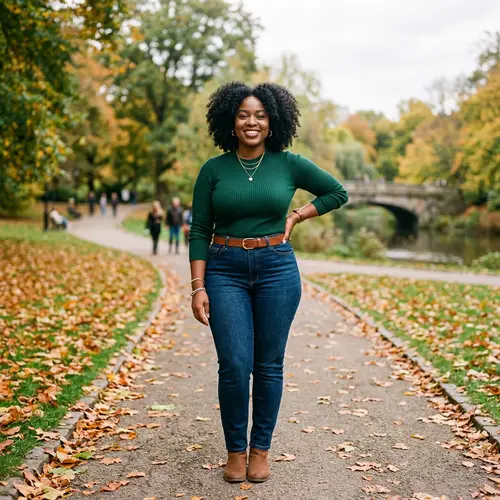 Curvy Woman with Black Curly Hair and Brown Eyes