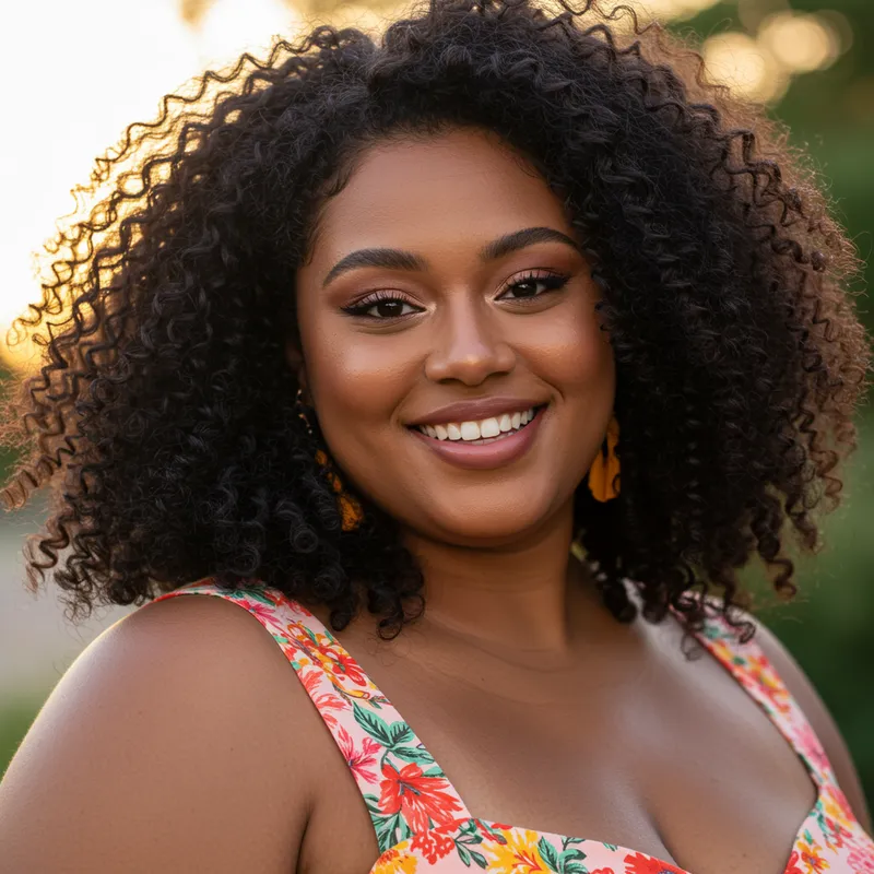 Curvy Woman with Black Curly Hair and Brown Eyes