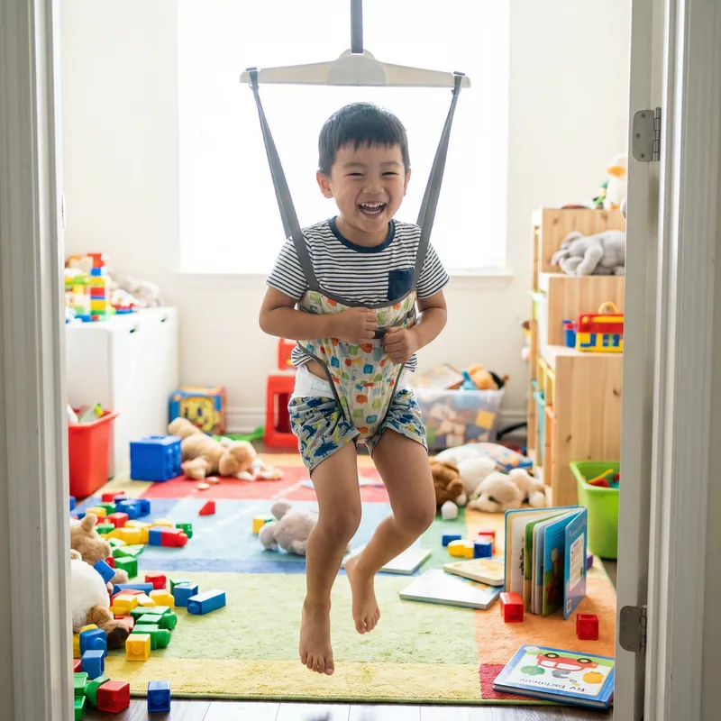 8-Year-Old Asian Boy on Baby Bouncer in Colorful Clothing
