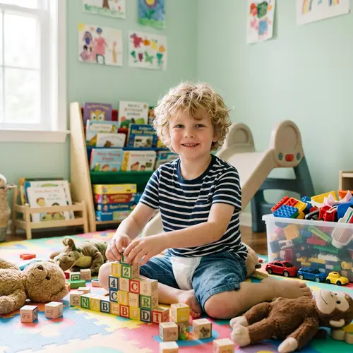 Cute 8-Year-Old Boy in Cheerful Home Playroom | Diaper Smile