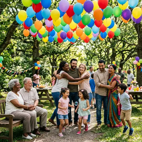 Joyful Reunion Under Multicolored Balloons at Beautiful Park