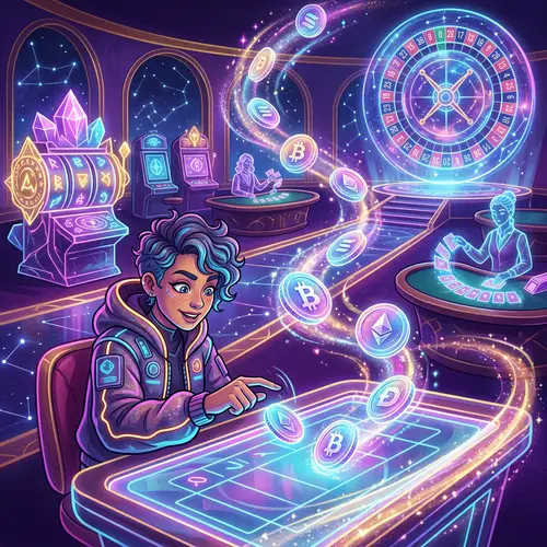 Surreal Casino Setting with Cryptocurrency Coin Flip Game