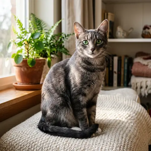 Graceful Domestic Cat with Shiny Fur and Emerald Green Eyes