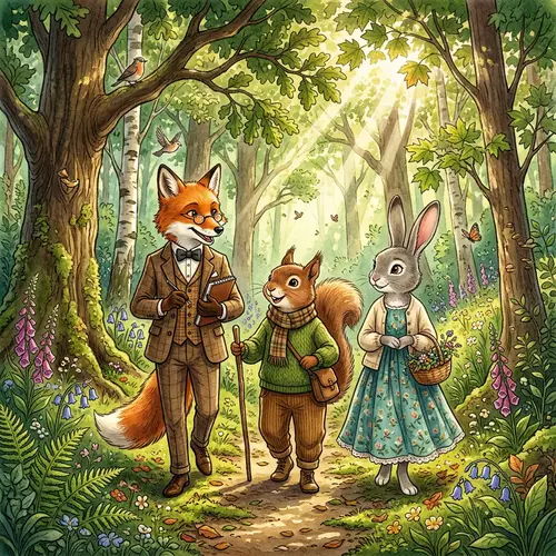 Charming Anthropomorphic Fox, Squirrel, and Rabbit