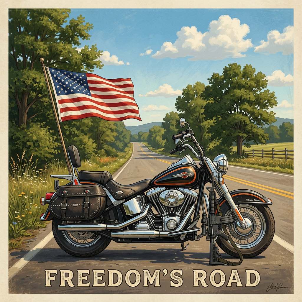 Harley Davidson Motorcycle with USA Flag and AR-15 - Symbol of