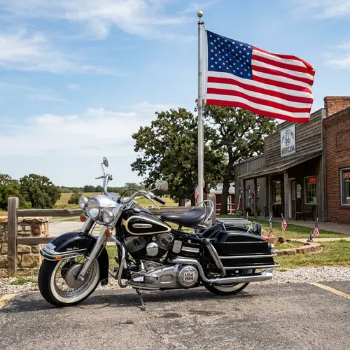 Classic Harley Davidson with USA Flag - Motorcycle Scene
