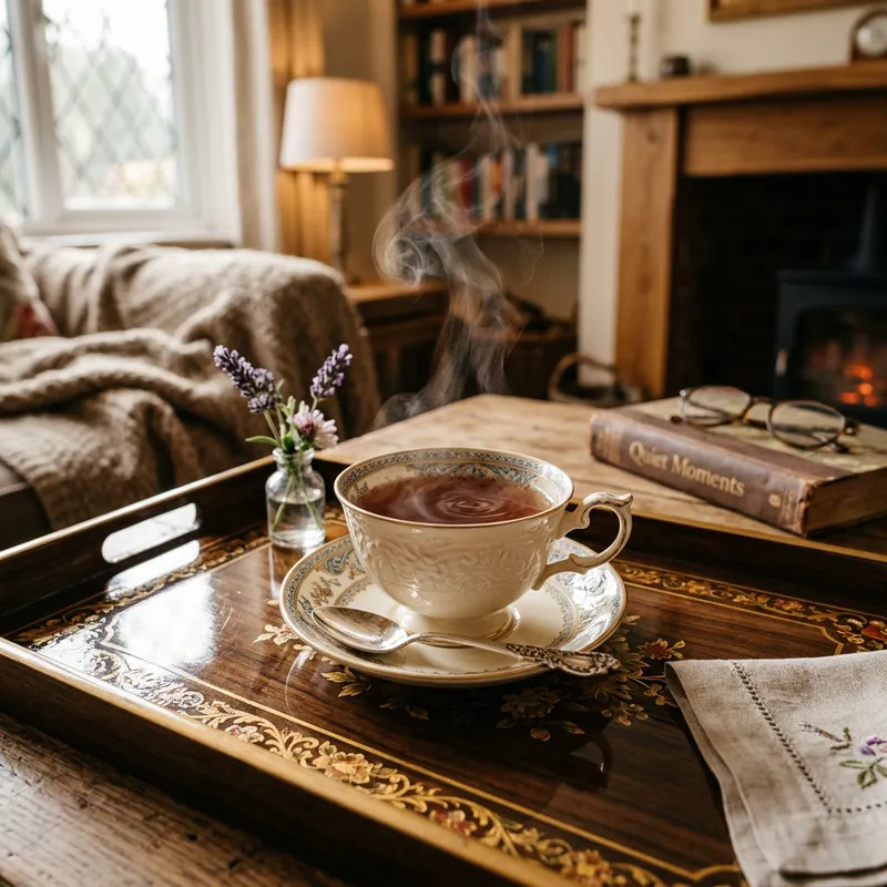 Hot Cup of Tea with Gentle Steam on Ornate Tray