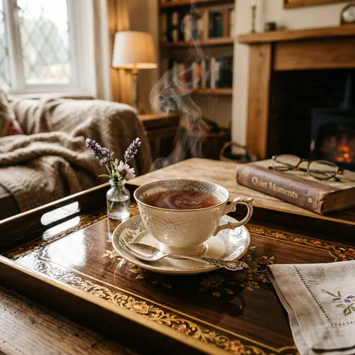 Steaming Cup of Tea on Ornate Tray