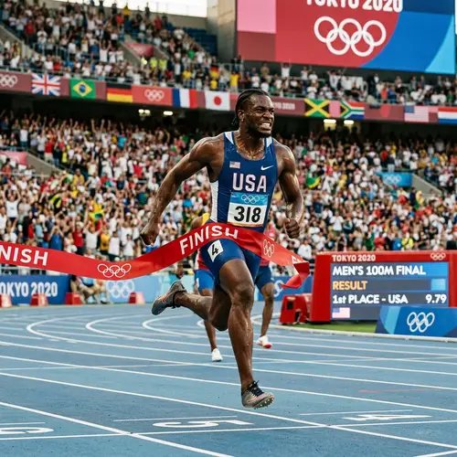 Diverse Male Athlete Breaks Red Ribbon at Olympic Finish Line