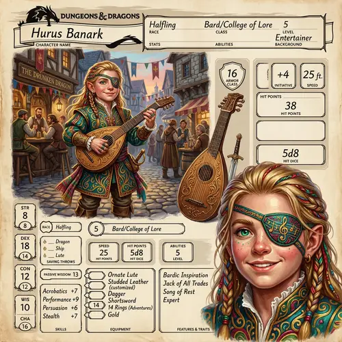 Hurus Banark: Young Halfling Bard - Colorful & Vibrant Character Design
