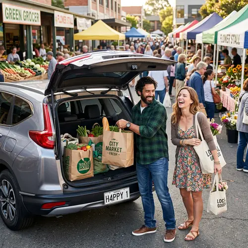 Happy Couple Leaving the Market with Groceries