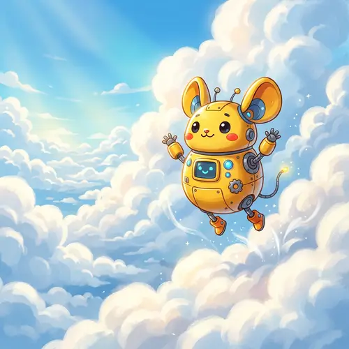 Cartoon Pikachu Bot Jumping in Cloudy Sky