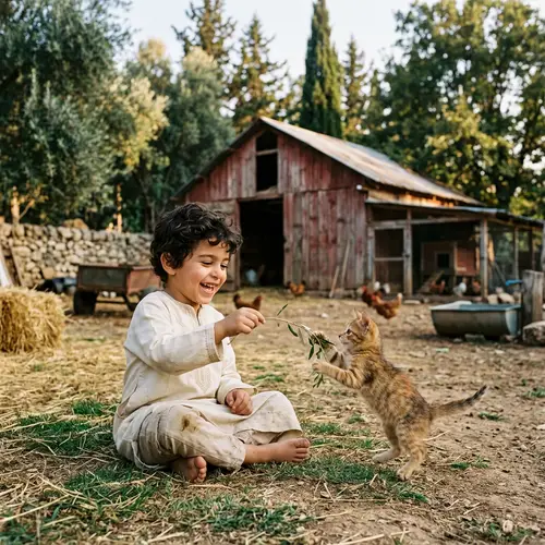 Joyful Middle-Eastern Boy Playing with Kitten in Farmyard