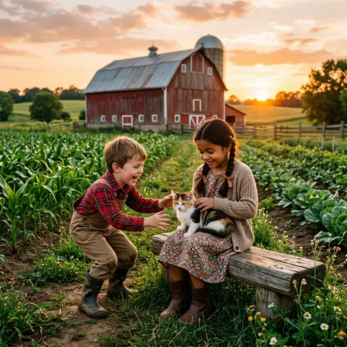 Children Playing with Cat in Sunny Farm Setting