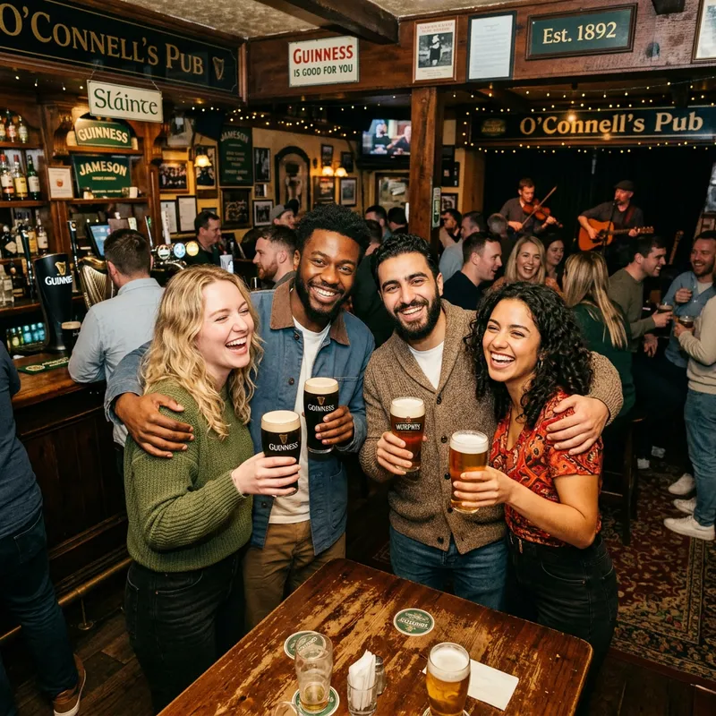 Four Friends Embracing in Vibrant Irish Pub Atmosphere Four Friends Embracing in Vibrant Irish Pub Atmosphere