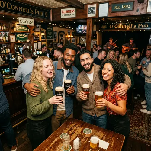 Joyful Friends Embracing with Beers in Vibrant Irish Pub