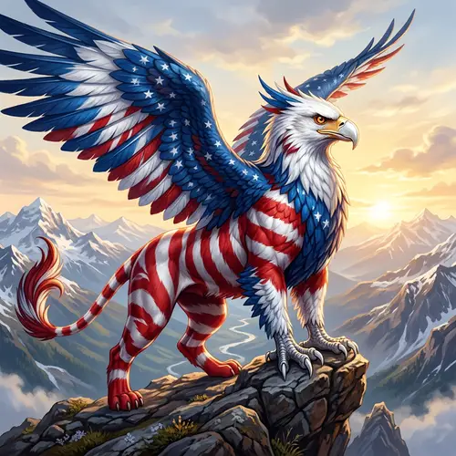 Majestic Griffin in Red, White, Blue | Mythical Creature