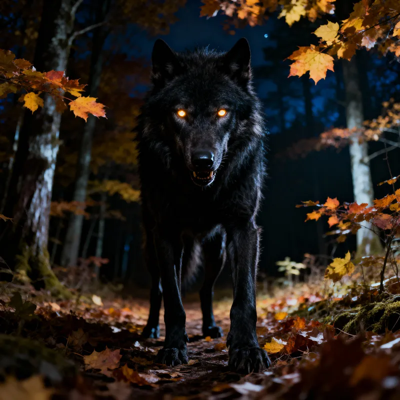 Terrifying Wolfdog in a Nighttime Autumn Forest