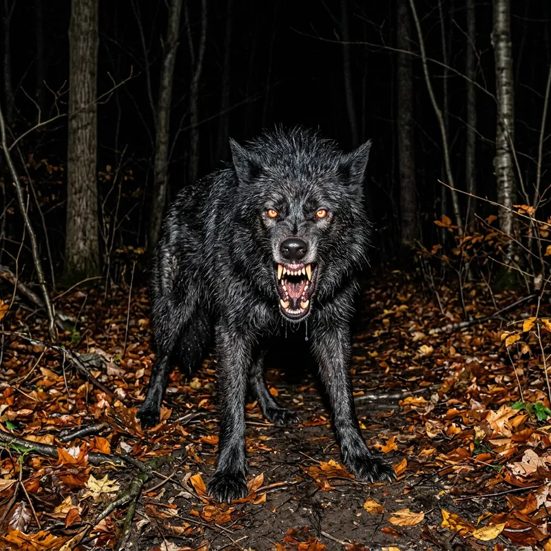 Terrifying Wolfdog in a Nighttime Autumn Forest Terrifying Wolfdog in a Nighttime Autumn Forest