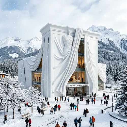 Futuristic Fashion Museum in Snow-Capped Landscape