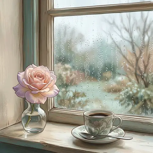Pastel Rose and Coffee by Window | Digital Painting