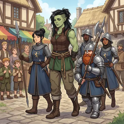 Anime Half-Orc Captured in Village Scene