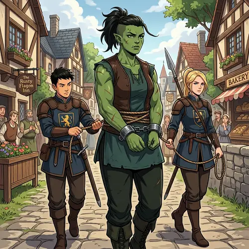 Anime Half-Orc Arrest Scene Illustration