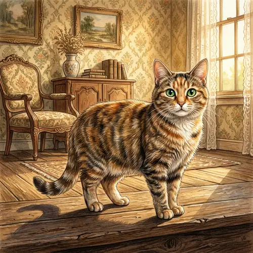 Detailed Illustration of a Majestic Cat - Vintage Room Setting