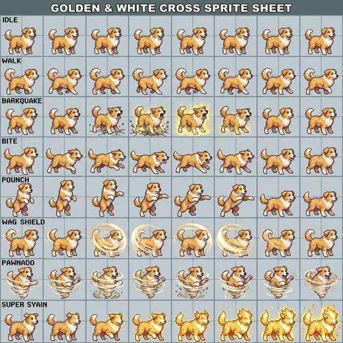 2D Game Sprite Sheet: Golden Border Collie Poodle