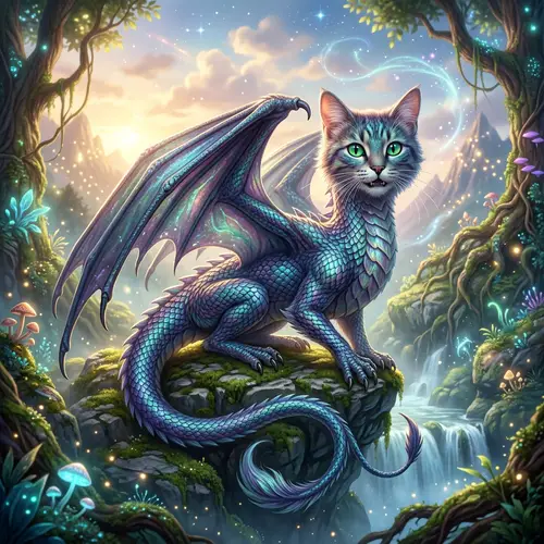 Dragon Cat Hybrid - Mythical Creature in Ethereal Setting