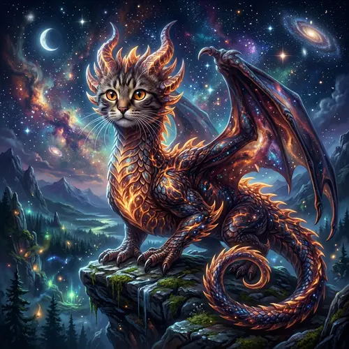 Mystical Dragon with Housecat Face | Ethereal Scales in Flames & Night Sky
