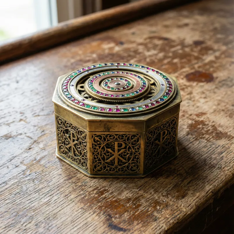 Decorative Octagonal Brass Box with Rotating Rings Decorative Octagonal Brass Box with Rotating Rings