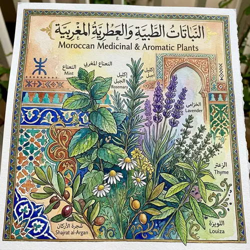Moroccan Medicinal and Aromatic Plants: Vibrant Mixed Media Painting
